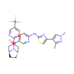 Cc1nn(C)cc1-c1csc(Nc2ccc(C(=O)N3[C@H]4CC[C@H]3CN(c3ncc(C(F)(F)F)cn3)C4)cn2)n1 ZINC001772615557