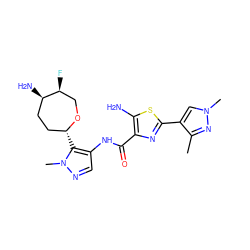 Cc1nn(C)cc1-c1nc(C(=O)Nc2cnn(C)c2[C@@H]2CC[C@@H](N)[C@@H](F)CO2)c(N)s1 ZINC000216887405