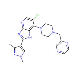 Cc1nn(C)cc1-c1nc2ncc(Cl)c(N3CCN(Cc4cnccn4)CC3)c2[nH]1 ZINC000095557836