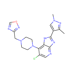 Cc1nn(C)cc1-c1nc2ncc(Cl)c(N3CCN(Cc4ncon4)CC3)c2[nH]1 ZINC000095561022