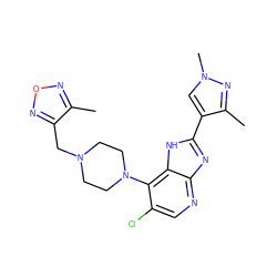 Cc1nn(C)cc1-c1nc2ncc(Cl)c(N3CCN(Cc4nonc4C)CC3)c2[nH]1 ZINC000095559989