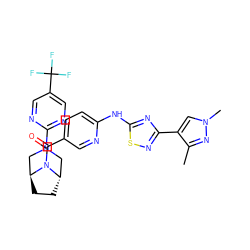 Cc1nn(C)cc1-c1nsc(Nc2ccc(C(=O)N3[C@H]4CC[C@H]3CN(c3ncc(C(F)(F)F)cn3)C4)cn2)n1 ZINC001772576666