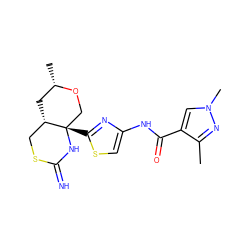 Cc1nn(C)cc1C(=O)Nc1csc([C@]23CO[C@@H](C)C[C@H]2CSC(=N)N3)n1 ZINC001772578657