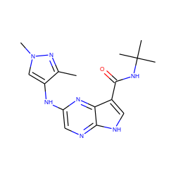 Cc1nn(C)cc1Nc1cnc2[nH]cc(C(=O)NC(C)(C)C)c2n1 ZINC000145152942