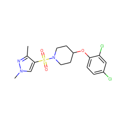 Cc1nn(C)cc1S(=O)(=O)N1CCC(Oc2ccc(Cl)cc2Cl)CC1 ZINC000207210529