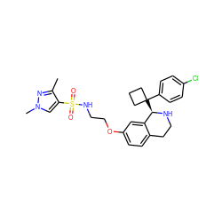 Cc1nn(C)cc1S(=O)(=O)NCCOc1ccc2c(c1)[C@@H](C1(c3ccc(Cl)cc3)CCC1)NCC2 ZINC000117342051