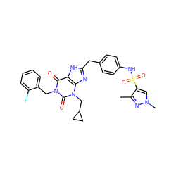 Cc1nn(C)cc1S(=O)(=O)Nc1ccc(Cc2nc3c([nH]2)c(=O)n(Cc2ccccc2F)c(=O)n3CC2CC2)cc1 ZINC000003838287