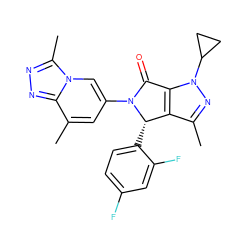 Cc1nn(C2CC2)c2c1[C@H](c1ccc(F)cc1F)N(c1cc(C)c3nnc(C)n3c1)C2=O ZINC000261184003