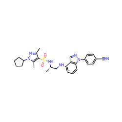 Cc1nn(C2CCCC2)c(C)c1S(=O)(=O)N[C@@H](C)CNc1cccc2c1cnn2-c1ccc(C#N)cc1 ZINC000137426337