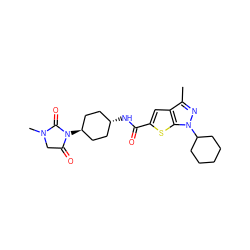 Cc1nn(C2CCCCC2)c2sc(C(=O)N[C@H]3CC[C@H](N4C(=O)CN(C)C4=O)CC3)cc12 ZINC000261098777