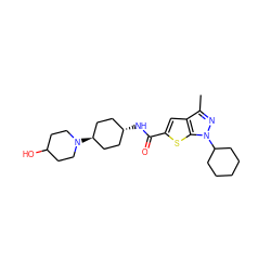 Cc1nn(C2CCCCC2)c2sc(C(=O)N[C@H]3CC[C@H](N4CCC(O)CC4)CC3)cc12 ZINC000261140356