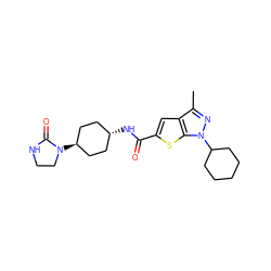 Cc1nn(C2CCCCC2)c2sc(C(=O)N[C@H]3CC[C@H](N4CCNC4=O)CC3)cc12 ZINC000261071606