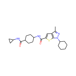 Cc1nn(C2CCCCC2)c2sc(C(=O)NC3CCC(C(=O)NC4CC4)CC3)cc12 ZINC000114712051