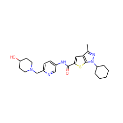 Cc1nn(C2CCCCC2)c2sc(C(=O)Nc3ccc(CN4CCC(O)CC4)nc3)cc12 ZINC000114710818