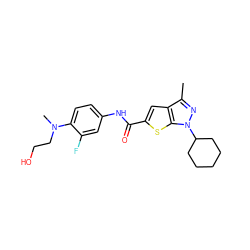 Cc1nn(C2CCCCC2)c2sc(C(=O)Nc3ccc(N(C)CCO)c(F)c3)cc12 ZINC000114710046