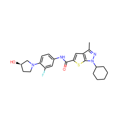 Cc1nn(C2CCCCC2)c2sc(C(=O)Nc3ccc(N4CC[C@@H](O)C4)c(F)c3)cc12 ZINC000114714414