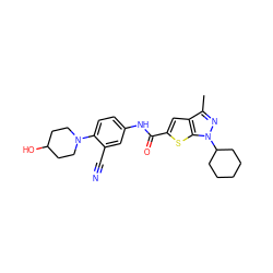 Cc1nn(C2CCCCC2)c2sc(C(=O)Nc3ccc(N4CCC(O)CC4)c(C#N)c3)cc12 ZINC000114710538