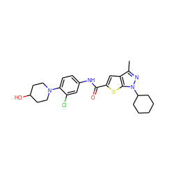 Cc1nn(C2CCCCC2)c2sc(C(=O)Nc3ccc(N4CCC(O)CC4)c(Cl)c3)cc12 ZINC000114712360