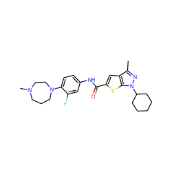 Cc1nn(C2CCCCC2)c2sc(C(=O)Nc3ccc(N4CCCN(C)CC4)c(F)c3)cc12 ZINC000114724252