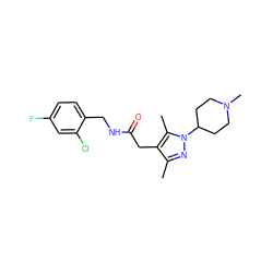 Cc1nn(C2CCN(C)CC2)c(C)c1CC(=O)NCc1ccc(F)cc1Cl ZINC000095565314