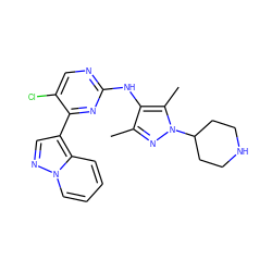 Cc1nn(C2CCNCC2)c(C)c1Nc1ncc(Cl)c(-c2cnn3ccccc23)n1 ZINC000653884678