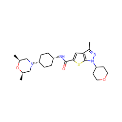 Cc1nn(C2CCOCC2)c2sc(C(=O)N[C@H]3CC[C@@H](N4C[C@H](C)O[C@H](C)C4)CC3)cc12 ZINC000114765385