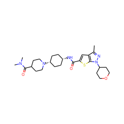 Cc1nn(C2CCOCC2)c2sc(C(=O)N[C@H]3CC[C@@H](N4CCC(C(=O)N(C)C)CC4)CC3)cc12 ZINC000114711961