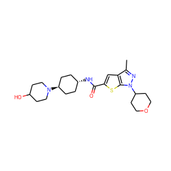 Cc1nn(C2CCOCC2)c2sc(C(=O)N[C@H]3CC[C@H](N4CCC(O)CC4)CC3)cc12 ZINC000261143410