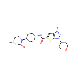 Cc1nn(C2CCOCC2)c2sc(C(=O)N[C@H]3CC[C@H](N4CCN(C)CC4=O)CC3)cc12 ZINC000261112768