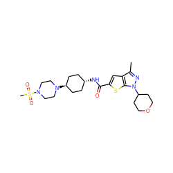 Cc1nn(C2CCOCC2)c2sc(C(=O)N[C@H]3CC[C@H](N4CCN(S(C)(=O)=O)CC4)CC3)cc12 ZINC000261124209