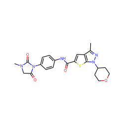 Cc1nn(C2CCOCC2)c2sc(C(=O)Nc3ccc(N4C(=O)CN(C)C4=O)cc3)cc12 ZINC000114714043