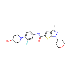 Cc1nn(C2CCOCC2)c2sc(C(=O)Nc3ccc(N4CCC(O)CC4)c(F)c3)cc12 ZINC000114710489