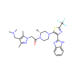 Cc1nn(CC(=O)N2CCN(c3sc(C(F)(F)F)nc3-c3nc4ccccc4[nH]3)C[C@H]2C)c(C)c1CN(C)C ZINC001772593092