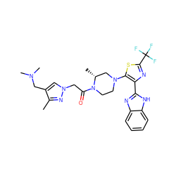 Cc1nn(CC(=O)N2CCN(c3sc(C(F)(F)F)nc3-c3nc4ccccc4[nH]3)C[C@H]2C)cc1CN(C)C ZINC001772585276