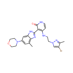 Cc1nn(CCNc2cc[nH]c(=O)c2-c2nc3c(C)cc(N4CCOCC4)cc3[nH]2)cc1Br ZINC000029040957