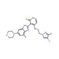 Cc1nn(CCNc2cc[nH]c(=O)c2-c2nc3c(C)cc(N4CCOCC4)cc3[nH]2)cc1Cl ZINC000029040961