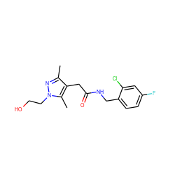 Cc1nn(CCO)c(C)c1CC(=O)NCc1ccc(F)cc1Cl ZINC000049783659