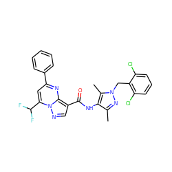 Cc1nn(Cc2c(Cl)cccc2Cl)c(C)c1NC(=O)c1cnn2c(C(F)F)cc(-c3ccccc3)nc12 ZINC000002106201