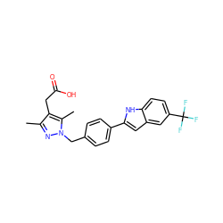 Cc1nn(Cc2ccc(-c3cc4cc(C(F)(F)F)ccc4[nH]3)cc2)c(C)c1CC(=O)O ZINC000203686172