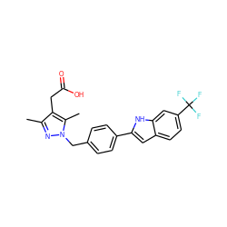 Cc1nn(Cc2ccc(-c3cc4ccc(C(F)(F)F)cc4[nH]3)cc2)c(C)c1CC(=O)O ZINC000203686186