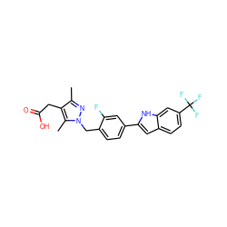 Cc1nn(Cc2ccc(-c3cc4ccc(C(F)(F)F)cc4[nH]3)cc2F)c(C)c1CC(=O)O ZINC000203686193