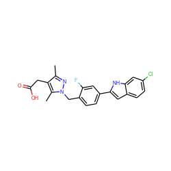 Cc1nn(Cc2ccc(-c3cc4ccc(Cl)cc4[nH]3)cc2F)c(C)c1CC(=O)O ZINC001772629244