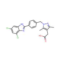 Cc1nn(Cc2ccc(-c3nc4c(Cl)cc(Cl)cc4[nH]3)cc2)c(C)c1CC(=O)O ZINC001772580747