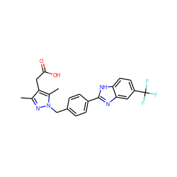 Cc1nn(Cc2ccc(-c3nc4cc(C(F)(F)F)ccc4[nH]3)cc2)c(C)c1CC(=O)O ZINC001772655925