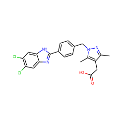 Cc1nn(Cc2ccc(-c3nc4cc(Cl)c(Cl)cc4[nH]3)cc2)c(C)c1CC(=O)O ZINC001772652720