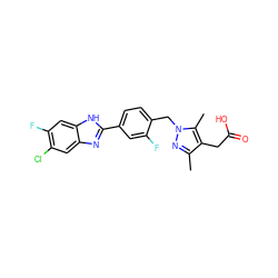 Cc1nn(Cc2ccc(-c3nc4cc(Cl)c(F)cc4[nH]3)cc2F)c(C)c1CC(=O)O ZINC001772640155