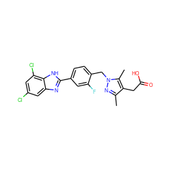 Cc1nn(Cc2ccc(-c3nc4cc(Cl)cc(Cl)c4[nH]3)cc2F)c(C)c1CC(=O)O ZINC001772648082