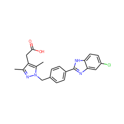 Cc1nn(Cc2ccc(-c3nc4cc(Cl)ccc4[nH]3)cc2)c(C)c1CC(=O)O ZINC001772651911