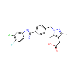 Cc1nn(Cc2ccc(-c3nc4cc(F)c(Cl)cc4[nH]3)cc2)c(C)c1CC(=O)O ZINC001772623192