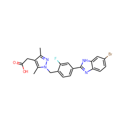 Cc1nn(Cc2ccc(-c3nc4ccc(Br)cc4[nH]3)cc2F)c(C)c1CC(=O)O ZINC001772611461